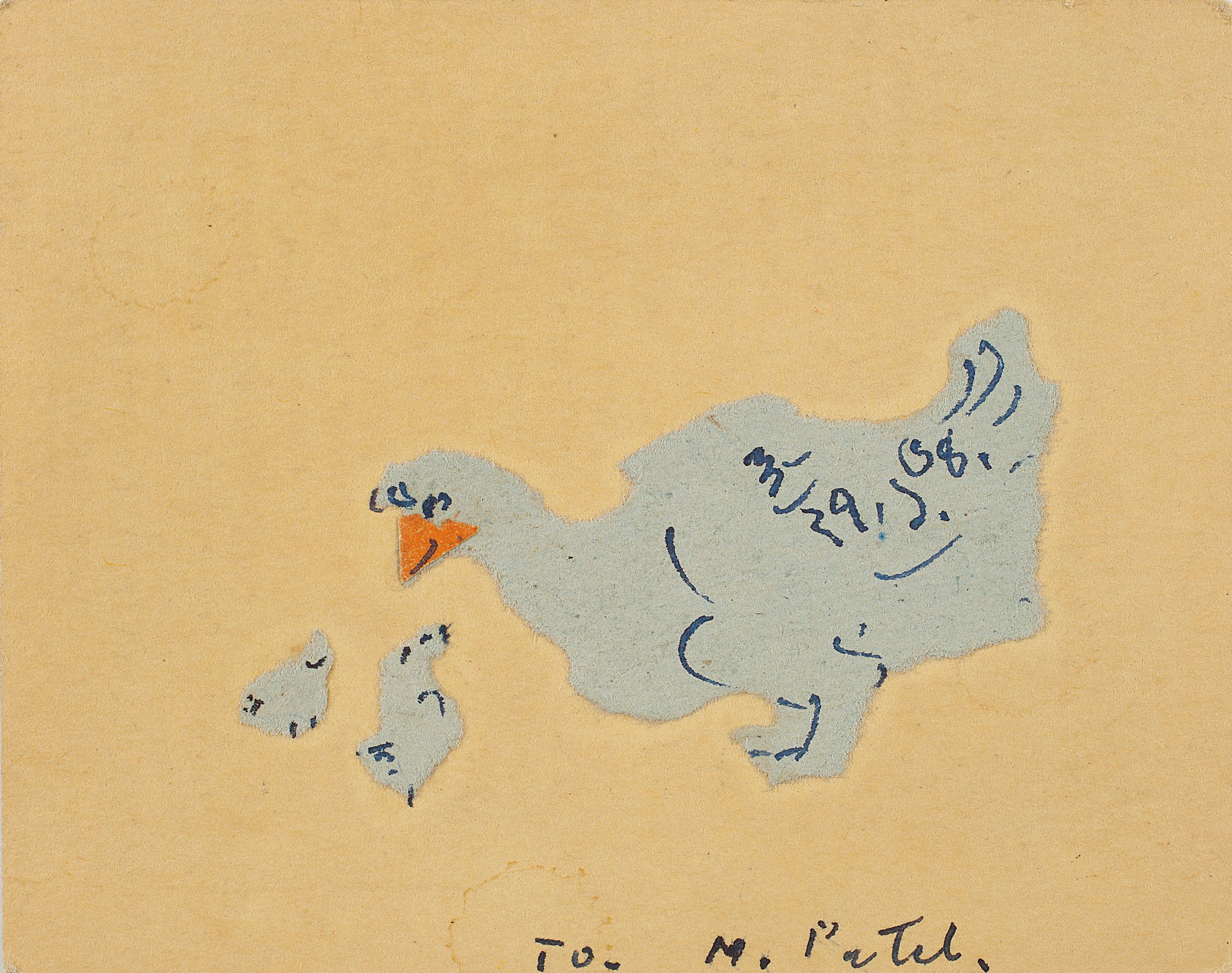 Eine Collage auf bräunlichem Papier, die ein scheinbar großes Huhn mit zwei kleinen Küken zeigt