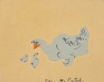 A collage on a brownish paper showing what appears to be a big chicken with two small chicks