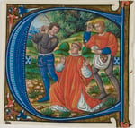 Medieval painting showing two men preparing to throw stones at a priest kneeling between them