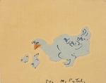 A collage on a brownish paper showing what appears to be a big chicken with two small chicks