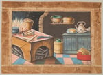 Eine detaillierte Illustration einer rustikalen Küche. Ein holzbefeuerter Herd, verschiedene Töpferwaren und Kochgeschirr. Der Boden ist in Rosa und Blau gefliest. Die Szene wird von einem braunen Rand umrahmt.