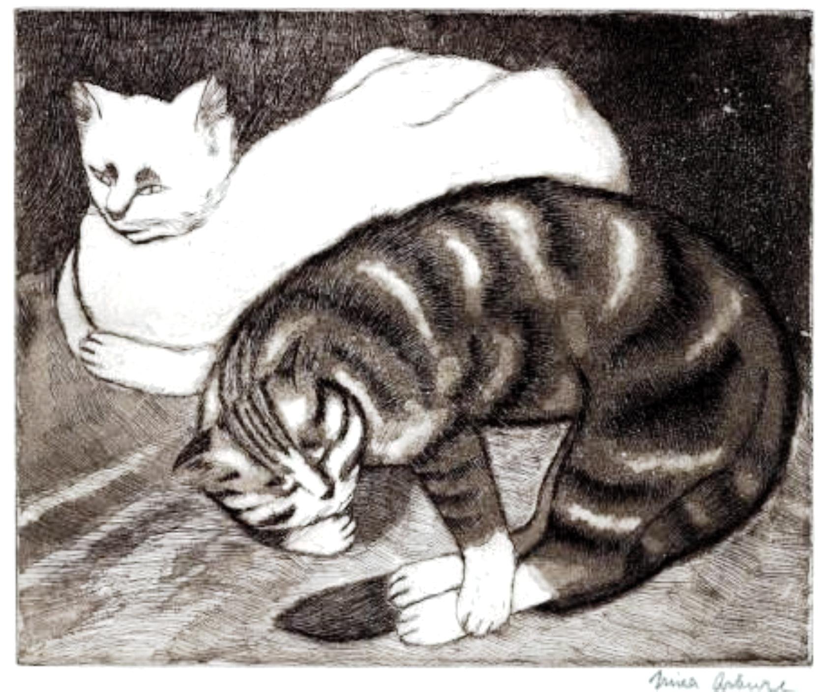 Schwarz-Weiß-Malerei (oder Zeichnung) von zwei Katzen - beide liegend, eine weiß, eine von der Sorte tobby