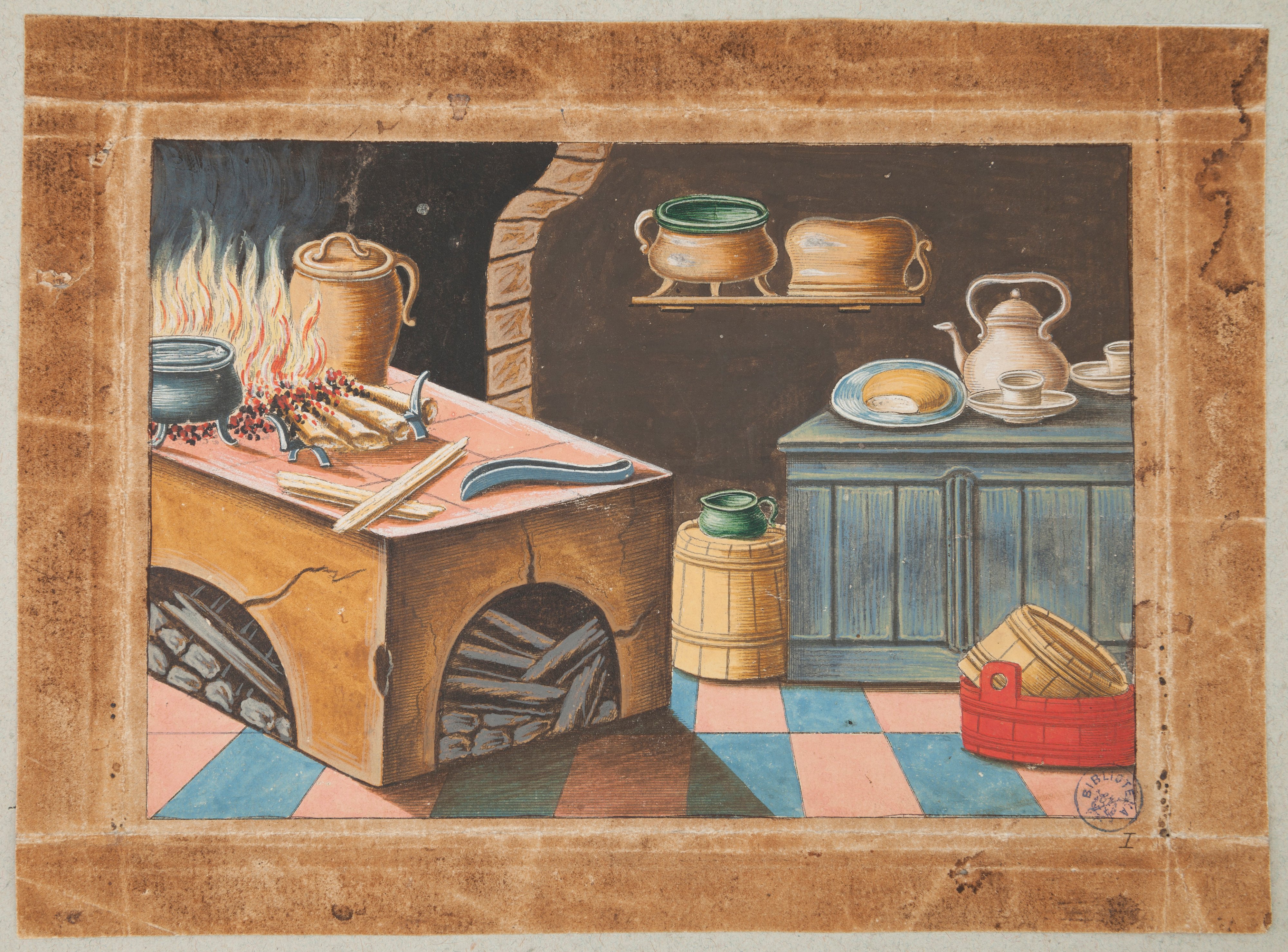 Eine detaillierte Illustration einer rustikalen Küche. Ein holzbefeuerter Herd, verschiedene Töpferwaren und Kochgeschirr. Der Boden ist in Rosa und Blau gefliest. Die Szene wird von einem braunen Rand umrahmt.